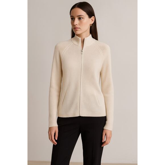 I.Magnin Sweaters - I. Magnin 2-Ply Cashmere Full Zip Cardigan Sweater Cream Ecru Small Stand Collar